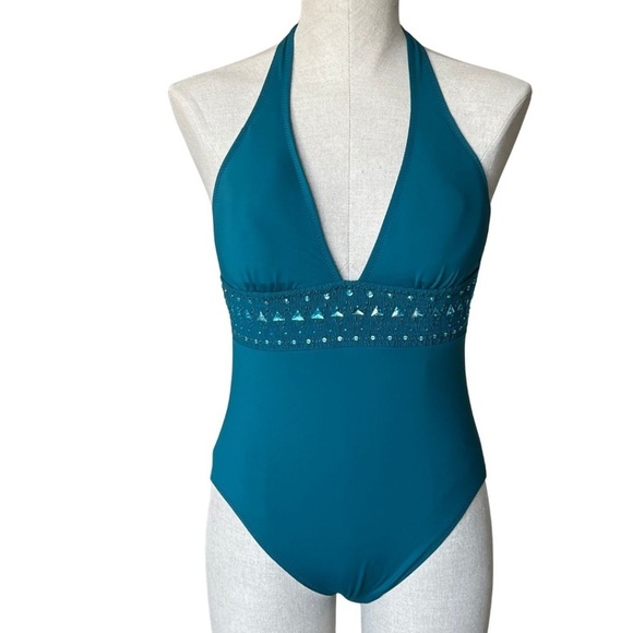 DKNY Teal Green Halter Rhinestone Studded Swimsuit Sz 10 NWT & Cover-Up Dress L - Picture 12 of 14